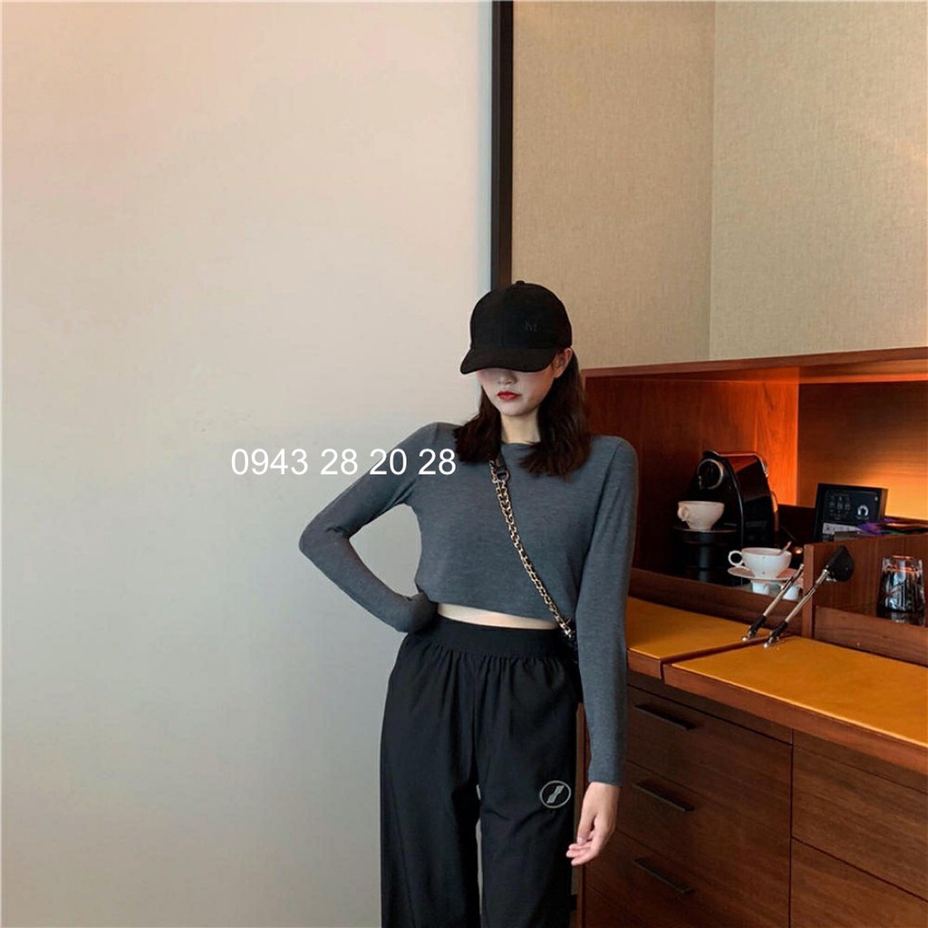áo croptop dài tay trơn phom rộng cổ tròn phong cách hàn quốc nhiều màu