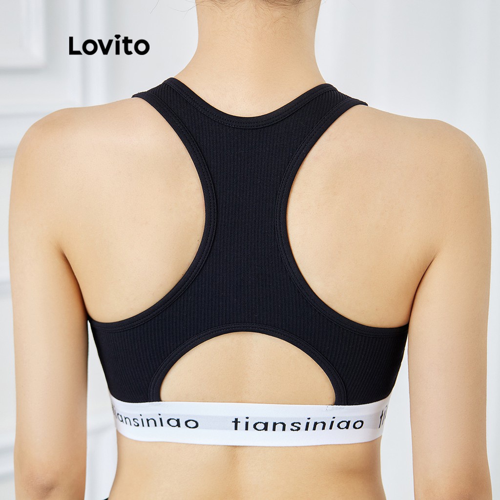 Áo ngực thể thao Lovito liền mảnh phối đệm có thể tháo rời được màu trơn tập yoga L15X188 (Màu đen)