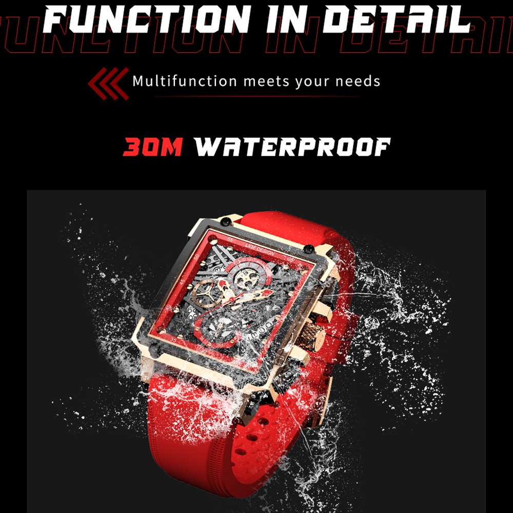 Men's LIGE8935 Red Silicone Strap Square Quartz Waterproof Watch