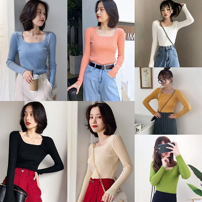 Áo dệt kim tay dài cổ vuông màu trơn kiểu dáng thời trang phong cách Hàn Quốc