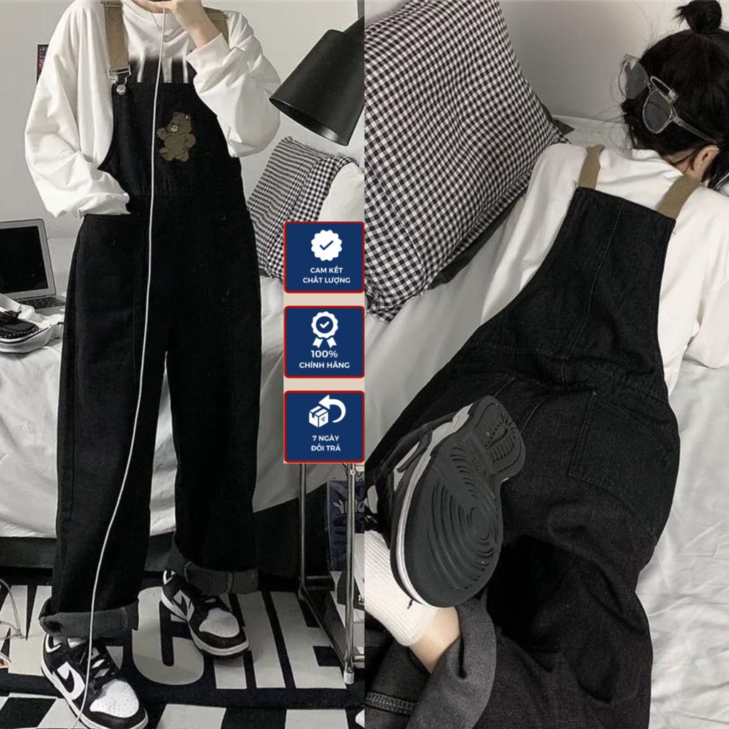 Quần Yếm Dài Thêu Hình Gấu Ulzzang ống Rộng có túi trước sau [2 Màu - Có Size] yem26602