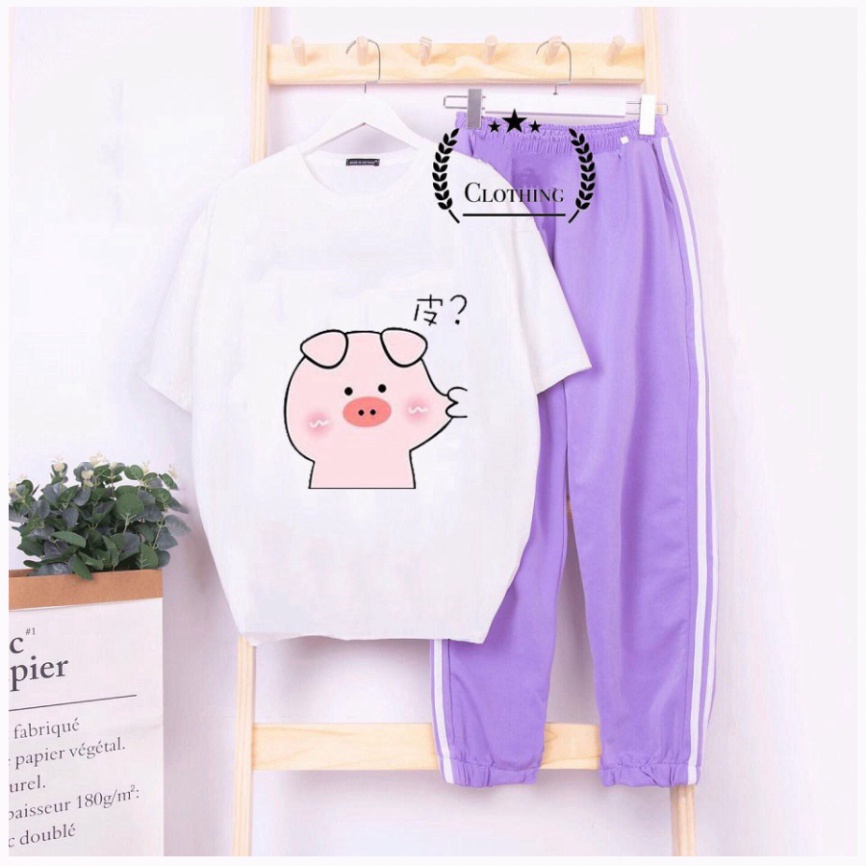 Sét Bộ Đồ Thời Trang Nữ Mặc Đi Chơi Dạo Phố Mùa Hè, Áo Phông Cotton In Lợn Bẹo Má Phối Quần Dài Phong Cách Teen Hàn Quốc