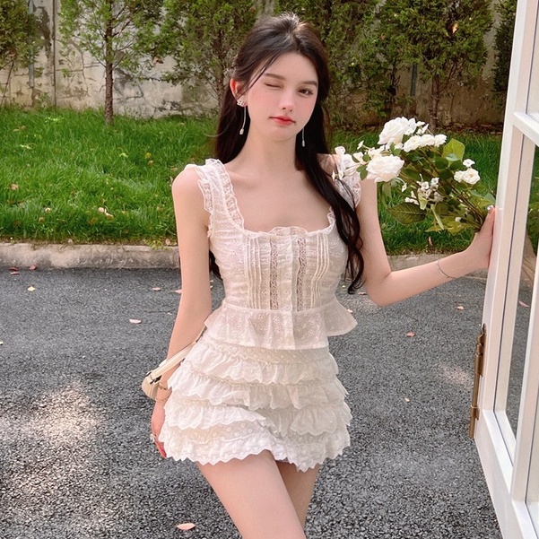 Bộ Áo Ren Trắng Hai Dây + Chân Váy Ôm Eo Cao Thời Trang Mùa Hè Phong Cách Hàn Quốc Hàng Mới Dành Cho Bạn Nữ