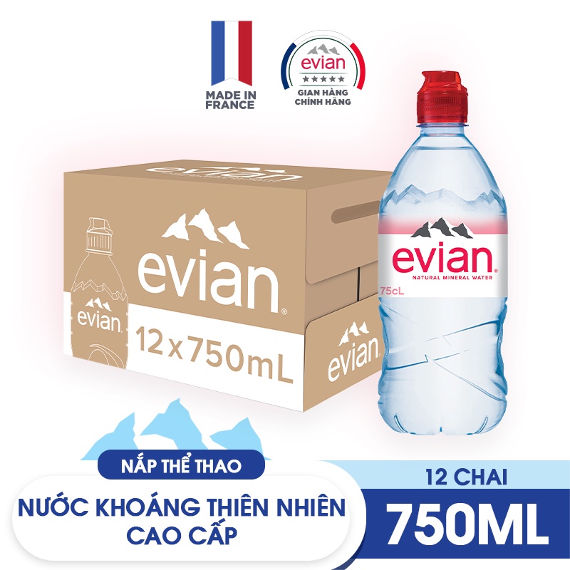 Thùng 12 chai nước khoáng thiên nhiên Evian 750ml (750ml x 12) - Nắp thể thao thumbnail