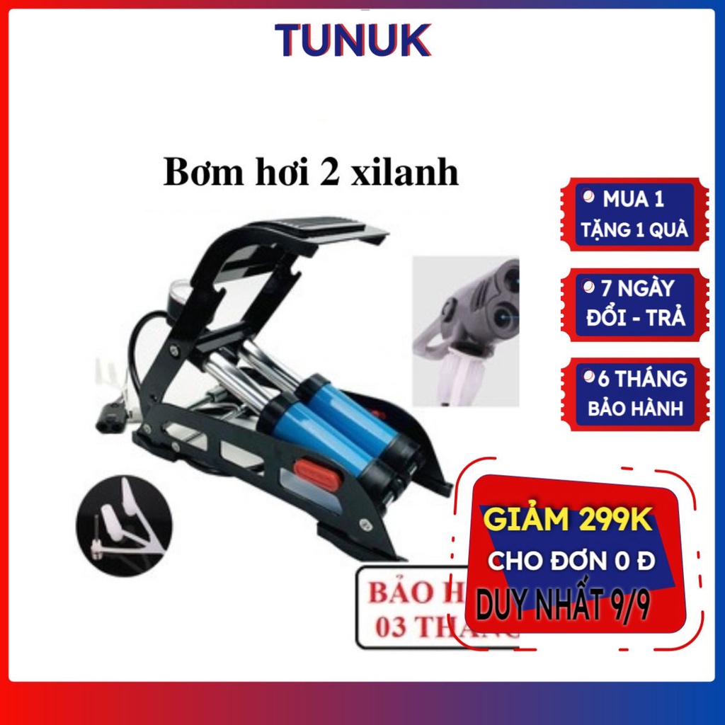 Bơm xe máy đạp chân TUNUK 2 ống bơm hơi xe đạp ô tô khỏe nhanh đầy hơi - Bảo hành 12 tháng
