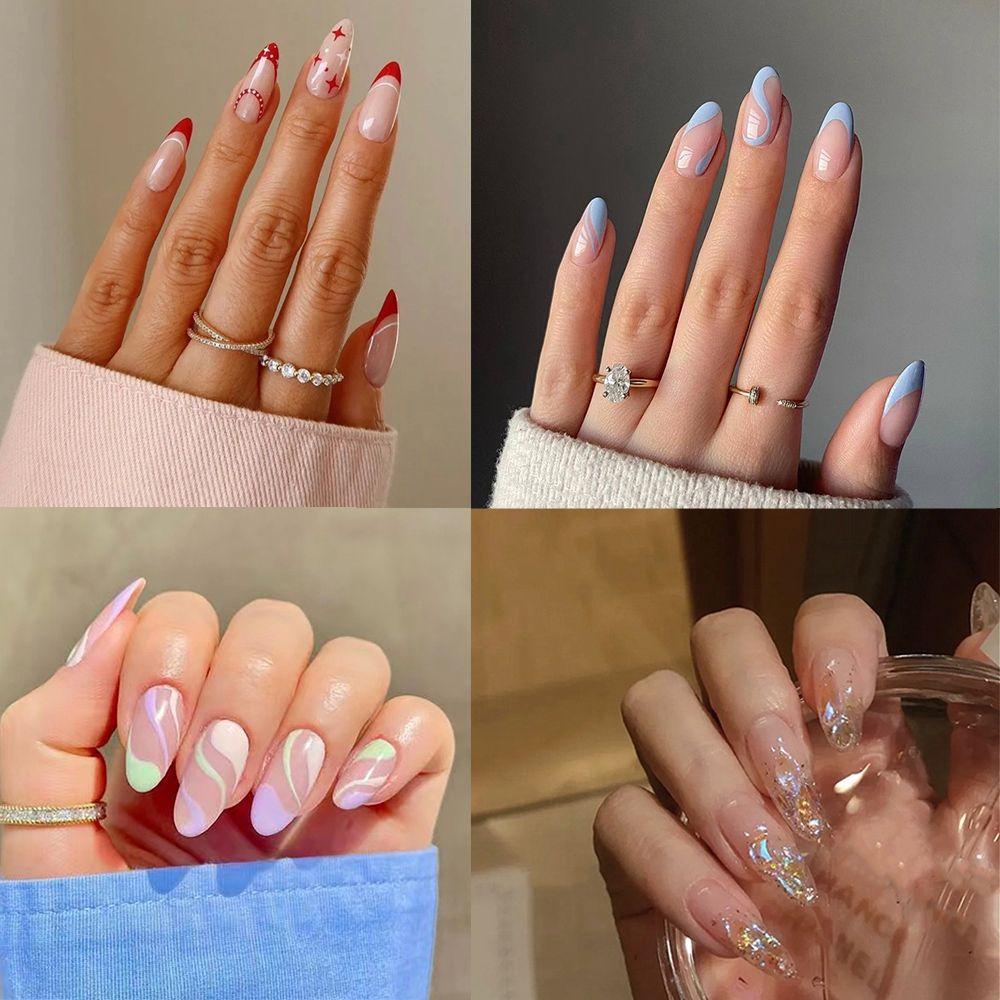 Hộp 24 Móng Tay Giả Che Phủ Toàn Diện Đính Kim Tuyến Lấp Lánh Kiểu Pháp
