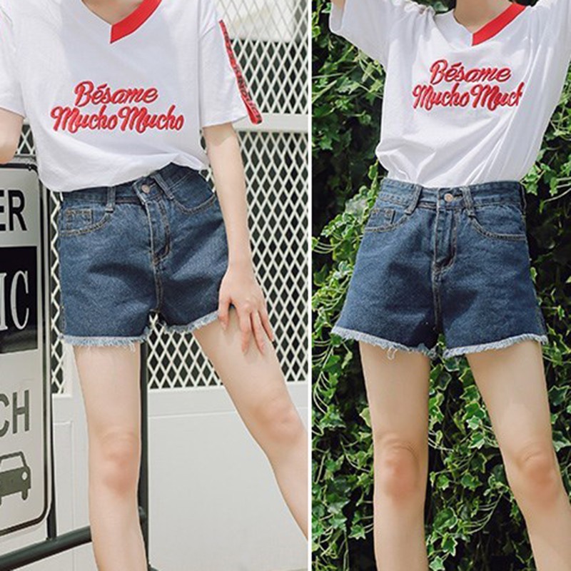 Quần short denim nữ lưng cao ống rộng