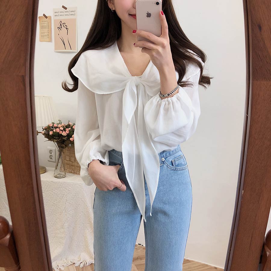 Áo kiểu SUXI tay dài phối nơ phong cách hàn quốc
