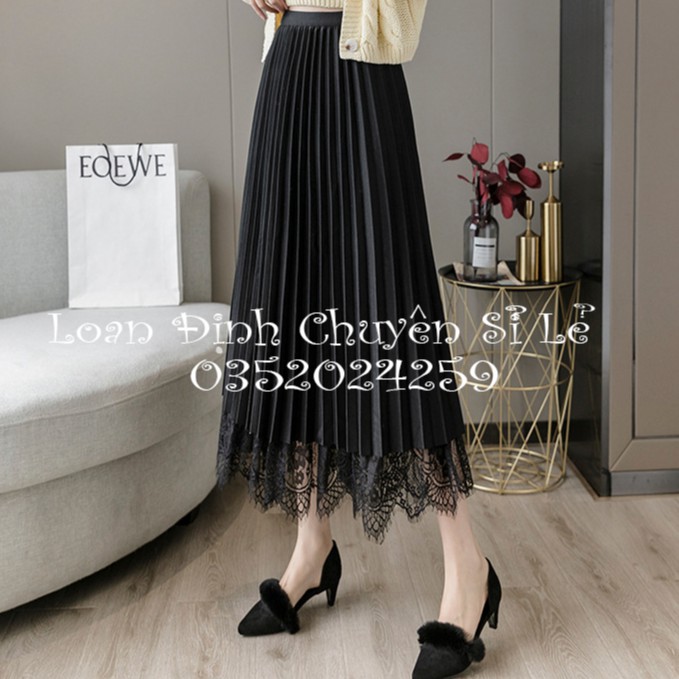 Chân Váy Xếp Ly Dáng Dài Phối Ren