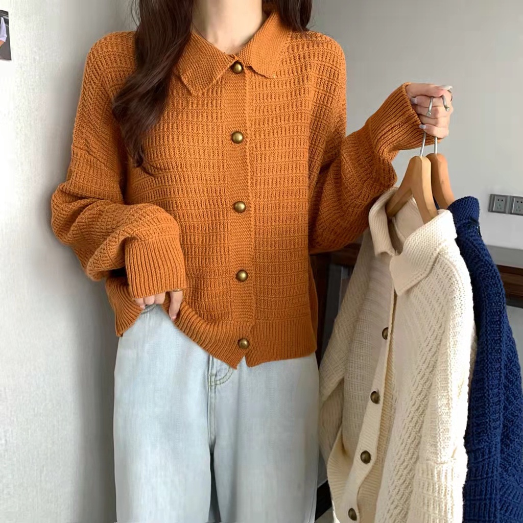 Áo Khoác Cardigan Dệt Kim Dáng Rộng Màu Sắc Đơn Giản Phong Cách Retro Hàn Quốc