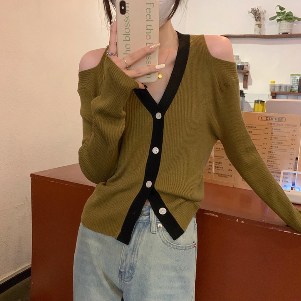 ZHELIHANGFEI Áo Cardigan Dệt Kim Tay Dài Cổ Chữ V Lưng Cao Gợi Cảm