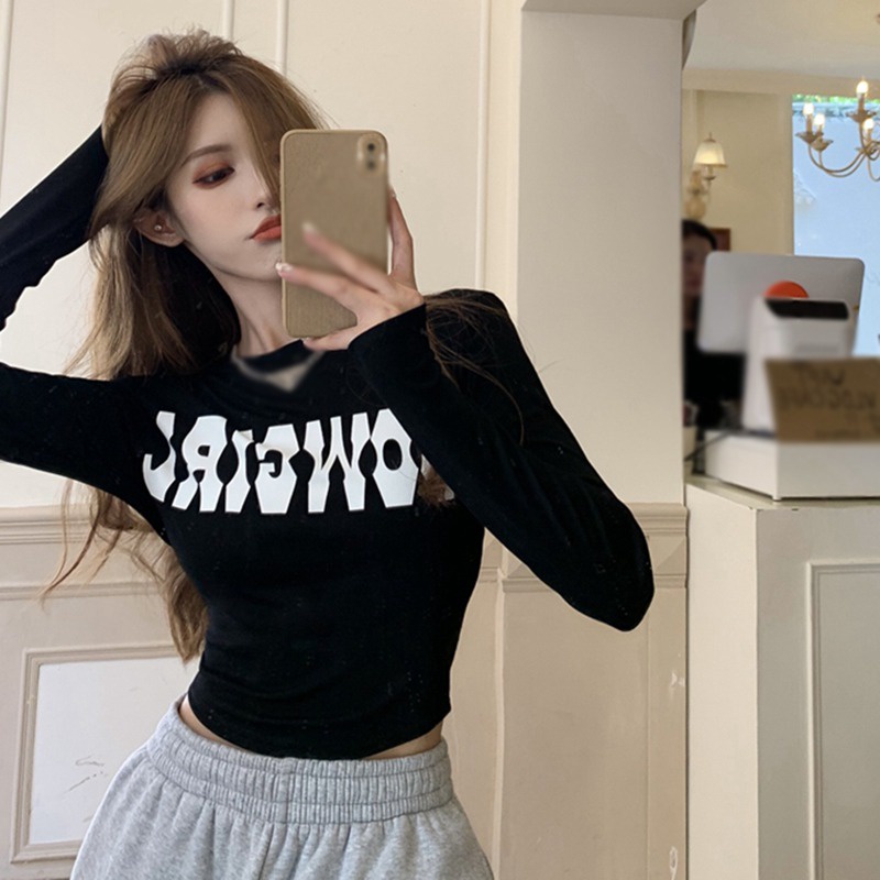 Áo Thun Tay Dài Cổ Tròn In Chữ Dáng Ôm Thời Trang Mùa Thu Quyến Rũ Cho Nữ