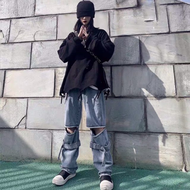 Quần jeans ống rộng unisex xẻ gối kéo khoá có thể tháo dời oversize Ulzzang siêu chất ❤️