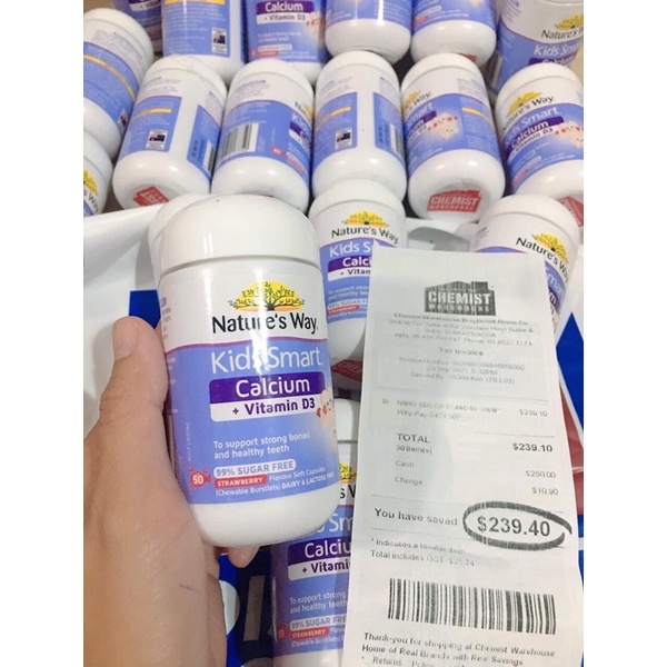 Date 4/25 Viên Nhai Cho Bé Nature’s Way Kids Smart Calcium + Vitamin D3 Burstlets Bổ Sung Canxi 50 viên.Canxi nature way