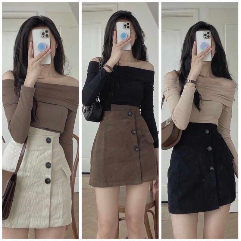 Set áo len tăm trễ vai và váy nhung tăm cạp lệch- Hàng canh SALE | BigBuy360 - bigbuy360.vn