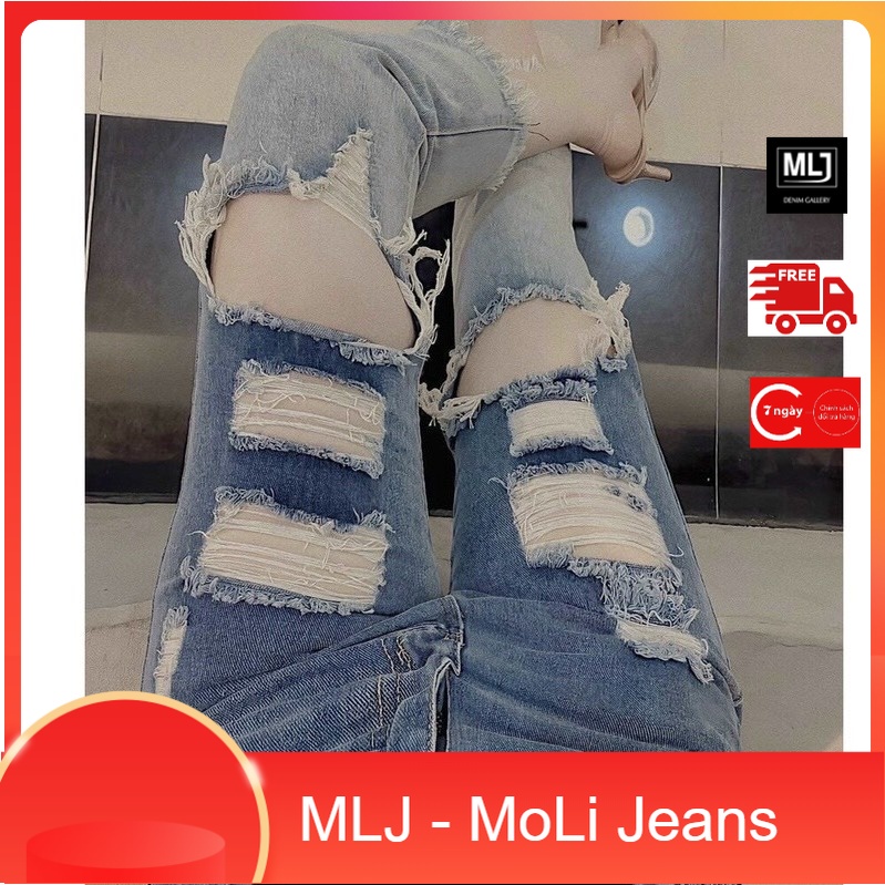 Quần jean 9 TẤC BIGSIZE Lưng cao Lai Tua, Rách Loang Bụi cực ngầu, co dãn mạnh dành cho người béo Hottrend Moliruan MLJ