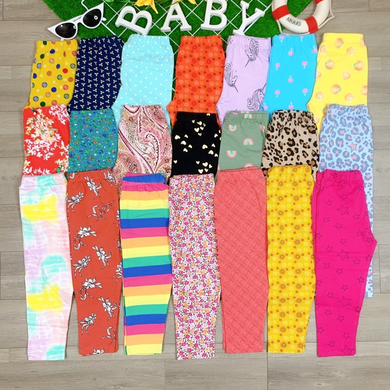 Quần Legging Bé Gái Set 5cái Thun Cotton Mềm Mát Co Giãn Họa Tiết Xinh Xắn (10-41kg)