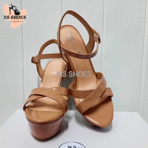 Giày cao gót quai chéo đế đúp thời trang, thanh lịch màu nâu Tây tôn da 13cm - NS2141