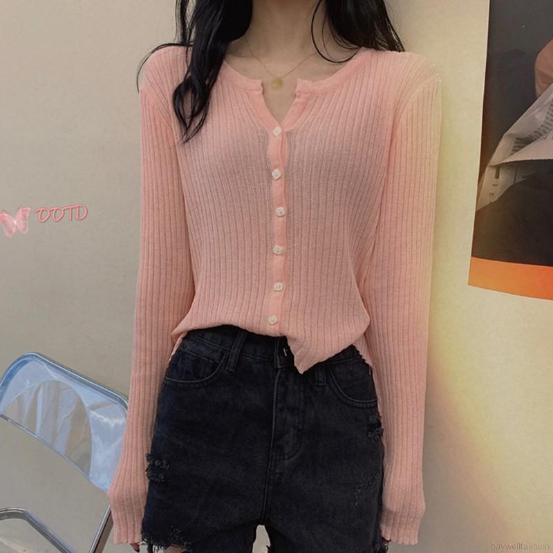 [Baywellfashion]Áo Khoác Cardigan Dệt Kim Tay Dài Cổ Chữ V Màu Trơn Phối Nút Xinh Xắn Cho Nữ | BigBuy360 - bigbuy360.vn