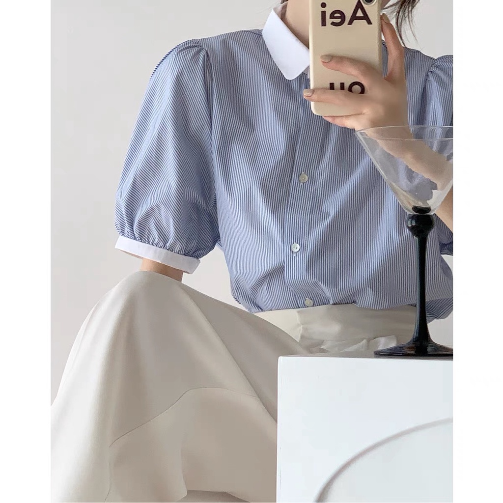 Áo Sơ Mi Tay Ngắn Phồng Họa Tiết Kẻ Sọc Màu Xanh Dương Thời Trang Mùa Hè Cho Nữ