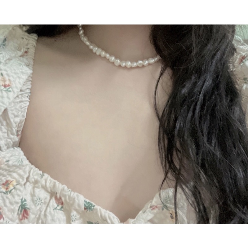 Chuỗi choker ngọc trai nhân tạo dẹt bóng đẹp 6ly