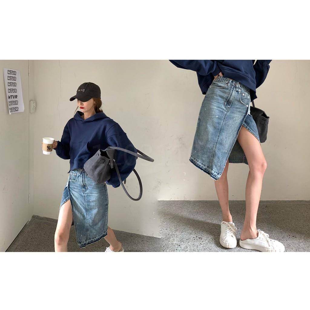 Bộ Áo Hoodie Cánh Dơi Dáng Rộng + Chân Váy Denim Lưng Cao Xẻ Tà Cá Tính