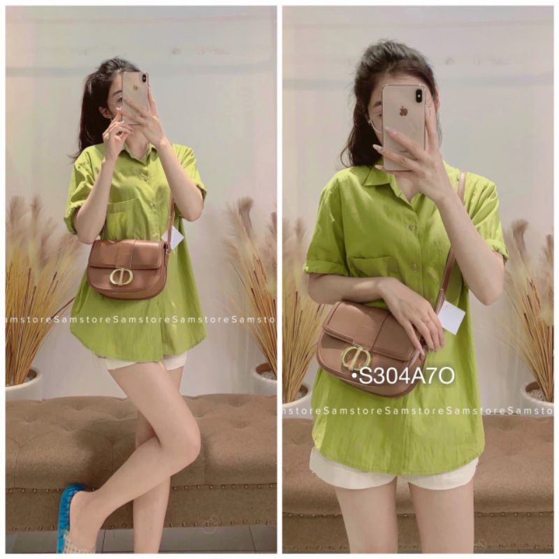 Set Sơ Mi Nữ Công Sở Đi Chơi, Set Bộ Đũi Áo Sơ Mi Xanh Chuối Tay Cộc Kèm Quần Đùi Trắng Cạp Chun Vải Thô Mát