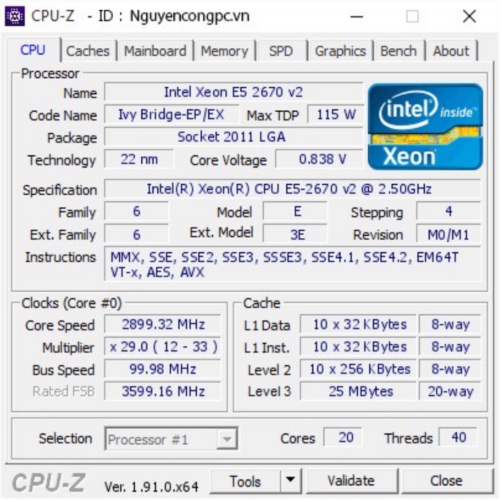 CPU Xeon® E5-2670 v2 , 25MB Cahe, 10 lõi 20 luồng , LGA 2011