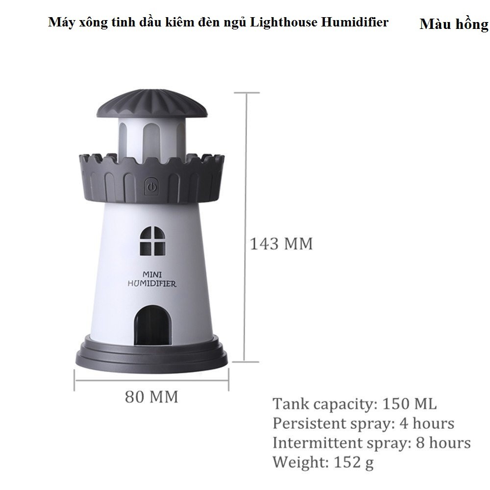 Máy xông tinh dầu Lighthouse Humidifier (Pink) tặng kèm tinh dầu sả chanh - H_Shop_VN