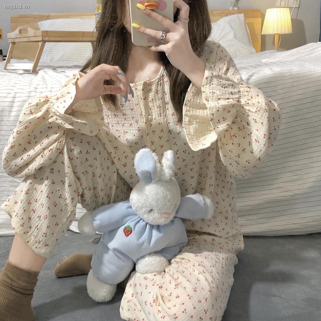 Set đồ ngủ dài tay bằng cotton in họa tiết độc đáo thời trang xuân thu mới cho nữ