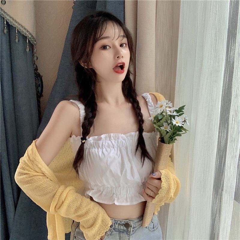 Áo hai dây croptop dúm chất đũi cực xinh bánh bèo mặc đi chơi đi biển