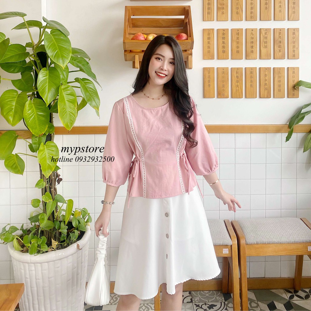 Áo cổ tròn viền ren cột nơ rút eo mypstore A32