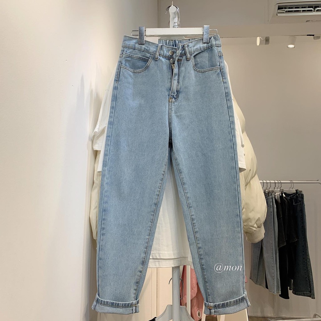 2101353 Quần baggy jeans nữ ulzzang ống vừa dáng đứng phối chun sau 2 màu xanh, be có size