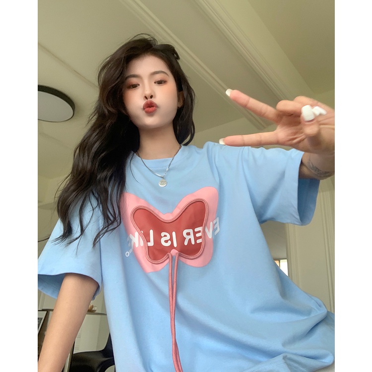 Áo Thun Tay Ngắn Dáng Rộng Cột Nơ In Họa Tiết Xinh Xắn Phong Cách Hàn Quốc Thời Trang Cho Nữ