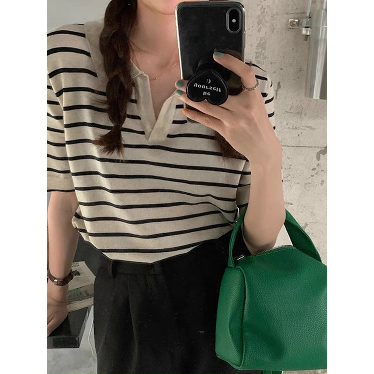 Áo kiểu nữ tay ngắn cổ chữ V kẻ sọc thời trang, áo len kẻ polo basic chất mongtoghi free size cá tính hàng Quảng Châu