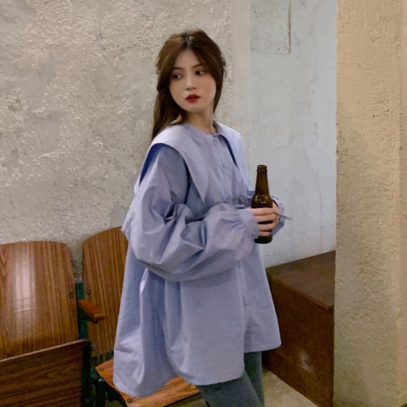 Áo Sơ Mi Nữ Tay Dài Cổ Thủy Thủ Màu Trơn Thời Trang