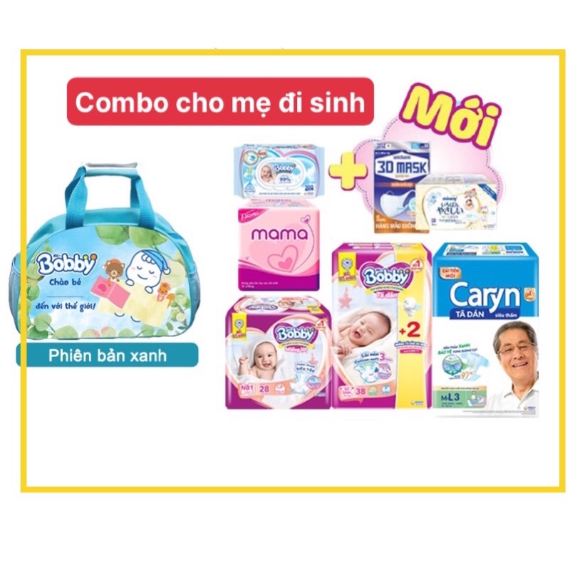 (Combo Mẹ đi sinh) Miếng Lót Bobby 1-28m,Tã Dán Bobby XS42m, Khăn ướt Bobby 100m,BVS Mama 12m,Tã dán Caryn 3m,Túi Mẹ Bé