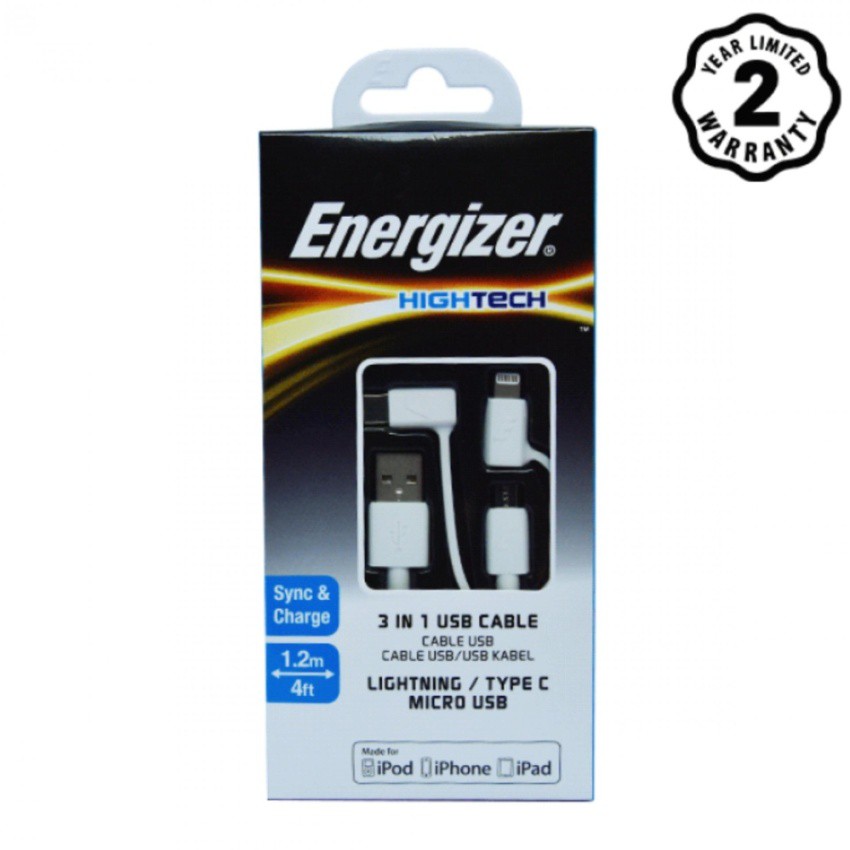 Cáp sạc 3 cổng Energizer Lightning Micro-USB USB-C dài 1.2m - C11UBX3CFWH4 (Trắng)