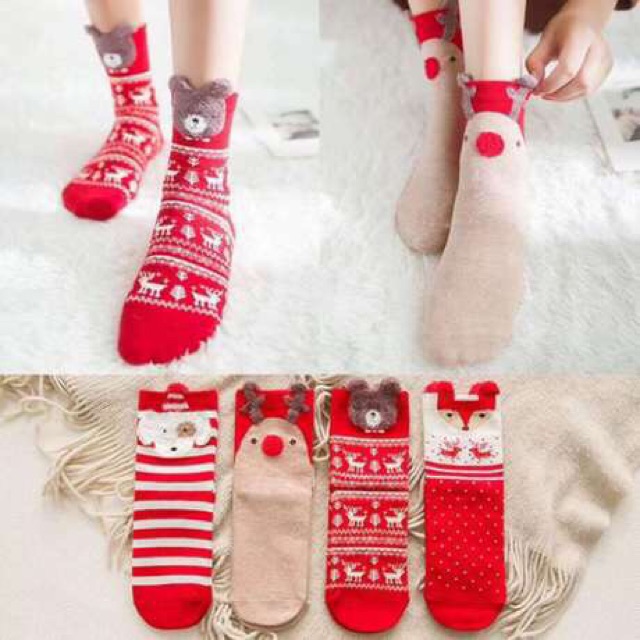 (Quà tặng Noel/ Giáng sinh) Set 2, 4 đôi tất len 3 chiều cao cổ đến mắt cá chân dày dặn gam màu ấm áp