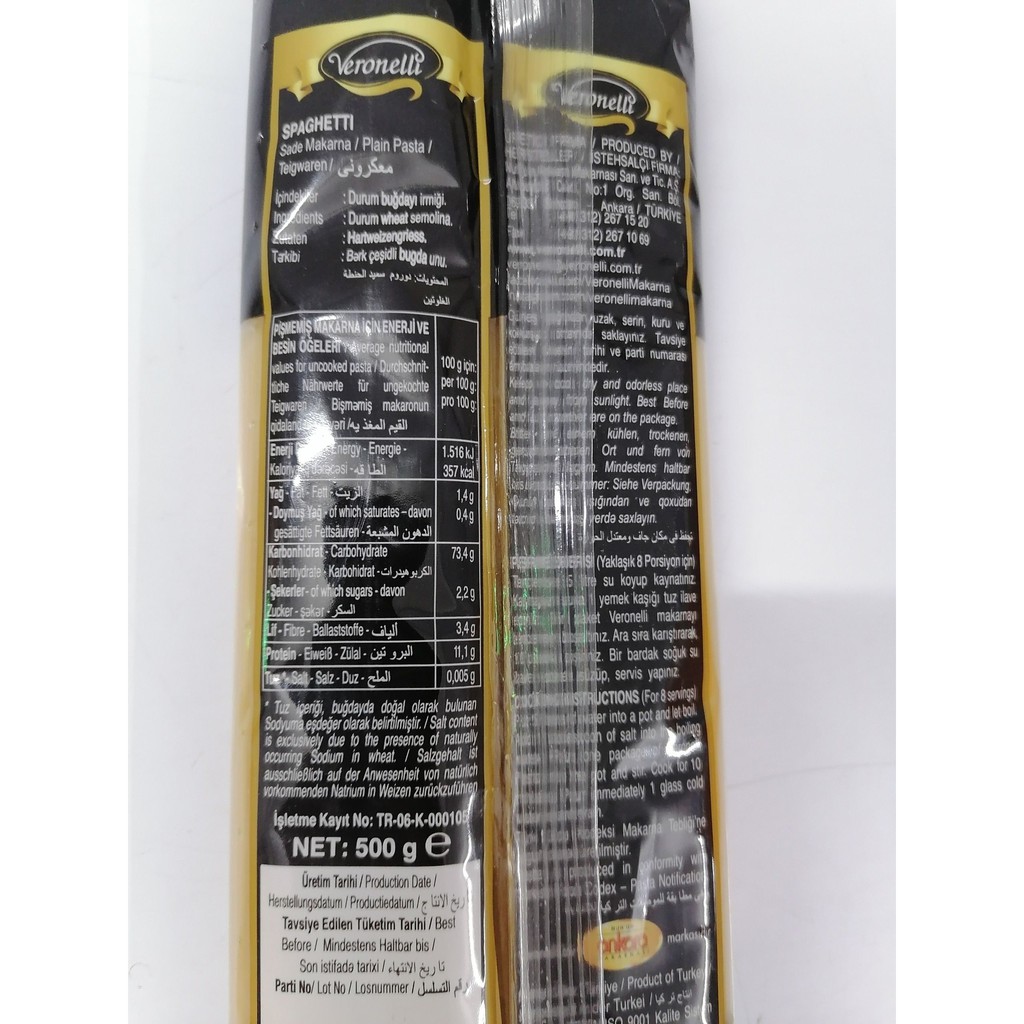 [Gói 500g] Mì Ý [Turkey] VERONELLI Spaghetti Pasta (als)