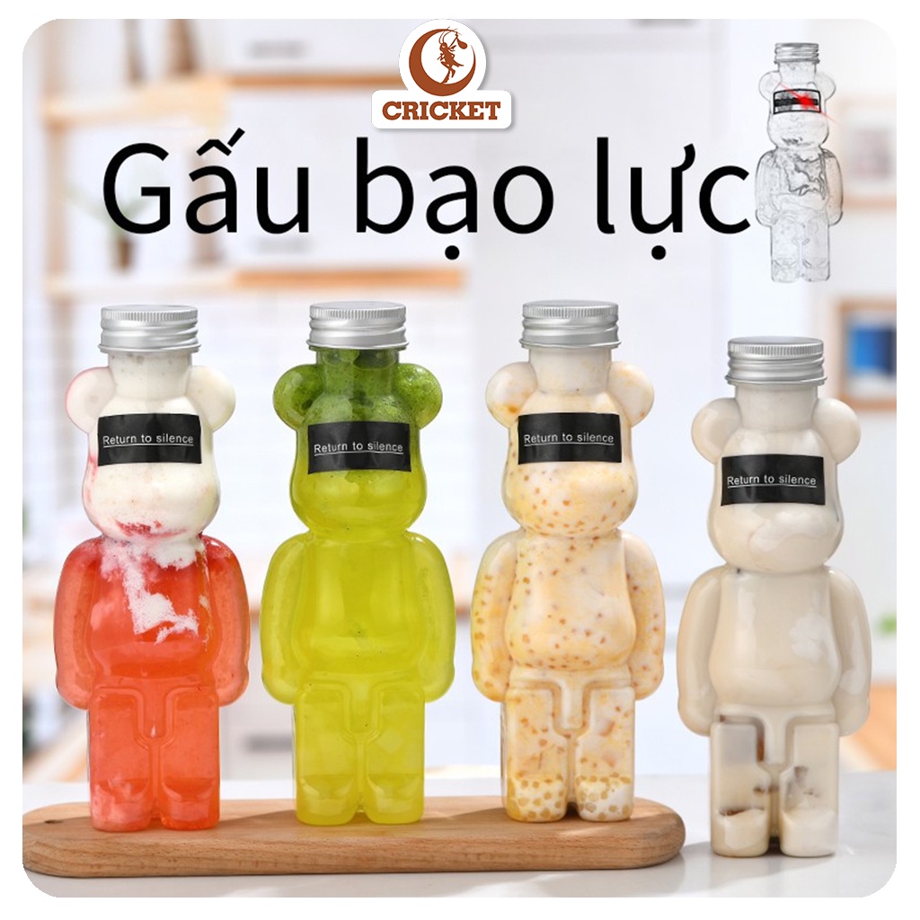 Chai Trà Sữa Gấu BearBrick - Chai Nhựa PET Nắp Nhôm Đựng Nước , Đựng Trà Sữa Hình Gấu Bạo Lực ( 400ml &amp; 500ml)