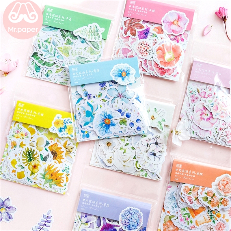 Bộ 45 miếng dán Mr.paper hình bông hoa màu sắc trẻ trung tươi tắn trang trí album/sổ tay/sổ nhật ký