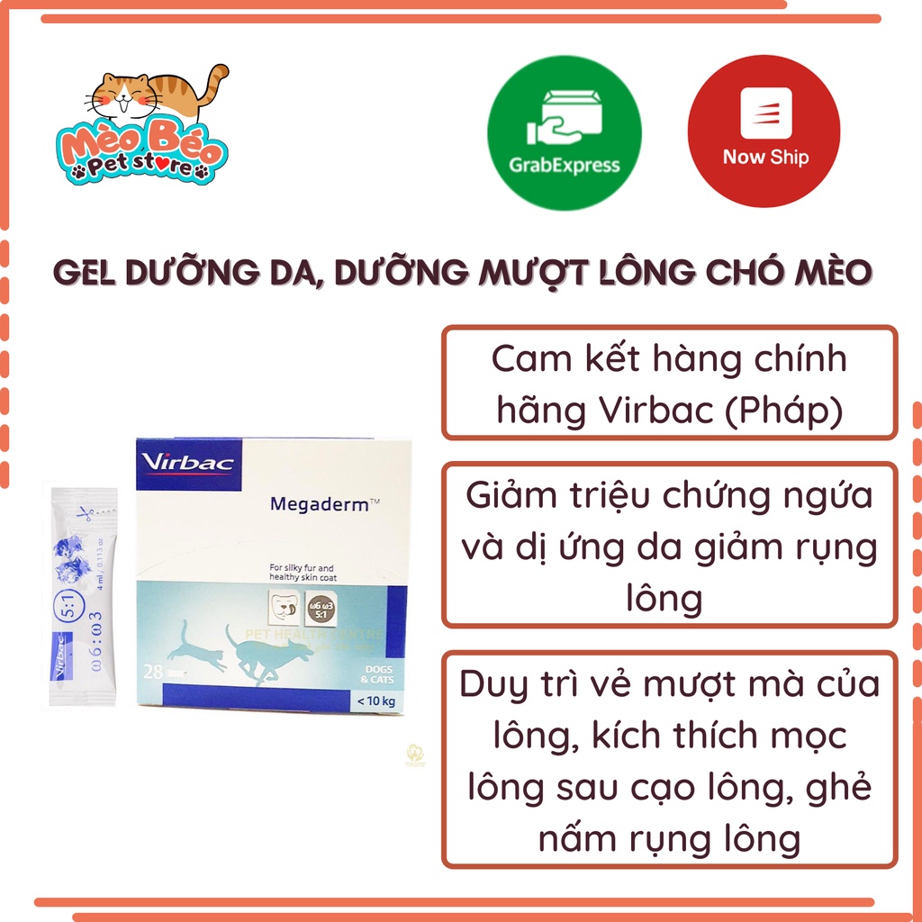 Gel dưỡng da mượt lông, giảm ngứa rụng lông cho chó mèo MEGADERM VIRBAC  - hộp 28 gói