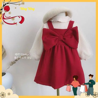Set yếm đỏ đính nơ mix áo thun be cho bé gái