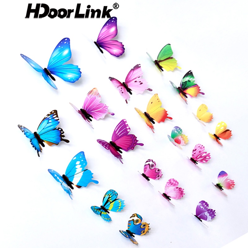 Set 12 miếng dán tường HDOORLINK hình bươm bướm 3D trang trí tiện dụng DIY