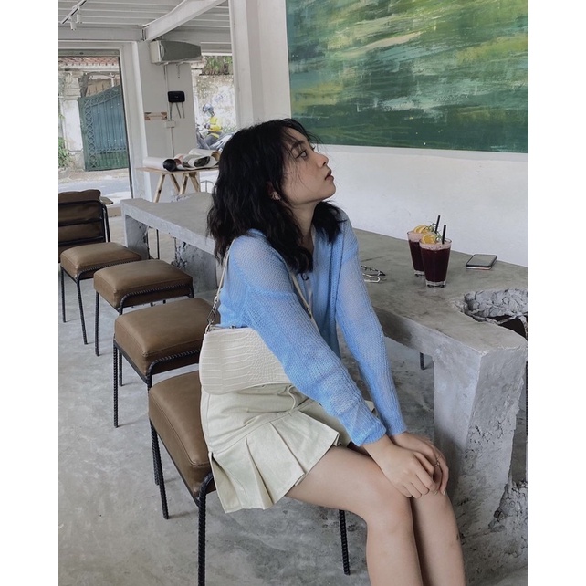 Áo cardigan nữ len mỏng màu trắng/hồng/xanh lá/xanh dương + Chân váy kaki chữ A xếp ly đuôi màu hồng/kem - Meadow