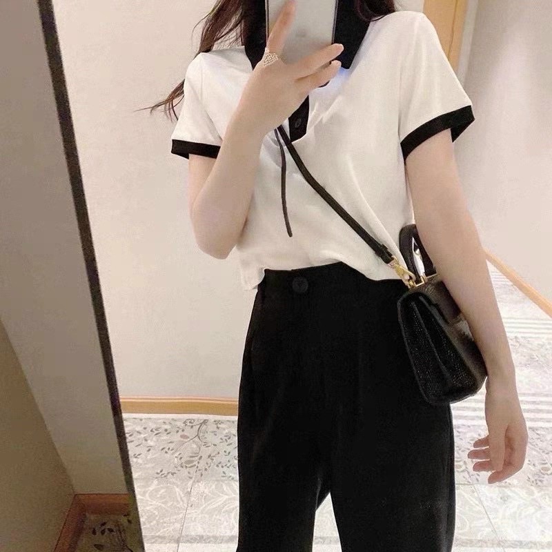 Áo croptop cổ bẻ phối màu tương phản tay ngắn, áo ngắn cổ sơ mi polo tay ngắn A90- 302 -2M FIORI STORE