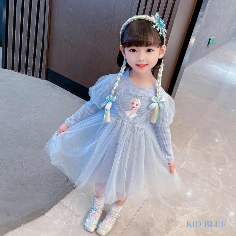 Đầm Công Chúa Elsa Tay Dài Phối Lưới Dễ Thương Xinh Xắn Cho Bé Gái