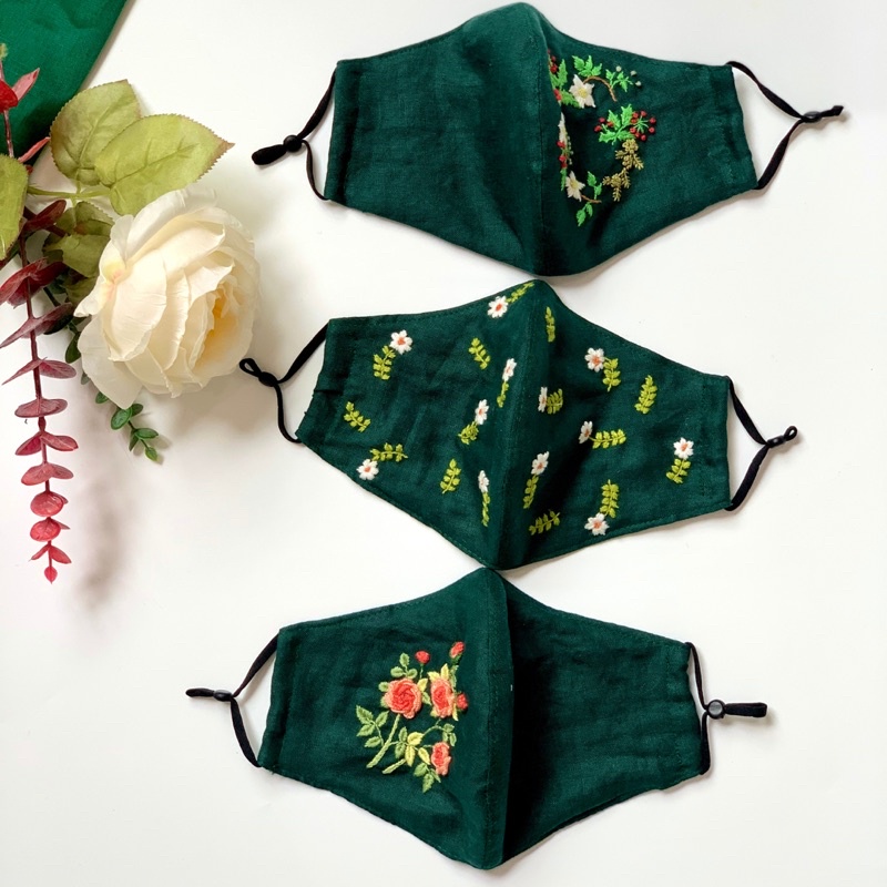 Khẩu trang vải linen thêu chủ đề Giáng Sinh, Khẩu trang vải linen cao cấp - Embroidered face mask