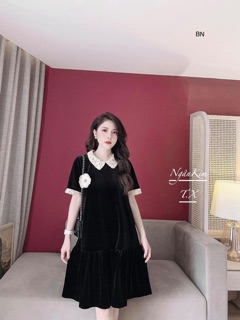 Váy Nhung Cổ Ren hoa ngực
